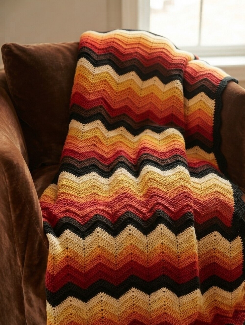 VTG Retro 70s Hand Crochet Queen Throw Afghan Blanket Chevron Pattern Vintage